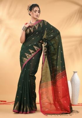 Green Floral Embroidery Cotton Saree Set