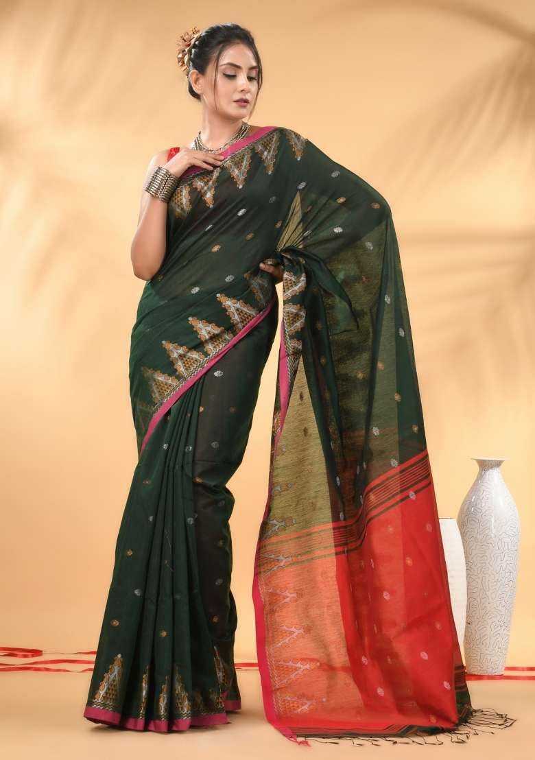 Green Floral Cotton Saree Set with Embroidery for Diwali | Wedding & Festive Wear - Indya