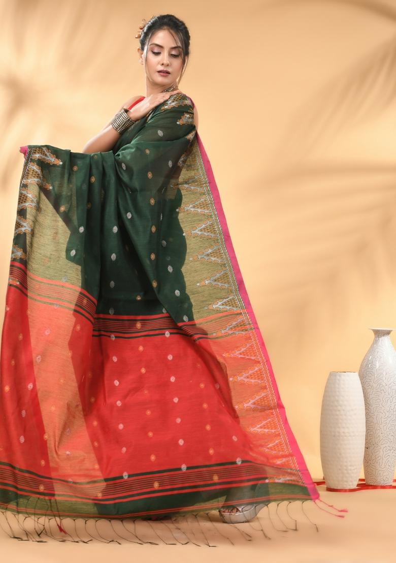 Green Floral Embroidery Cotton Saree Set - Indya