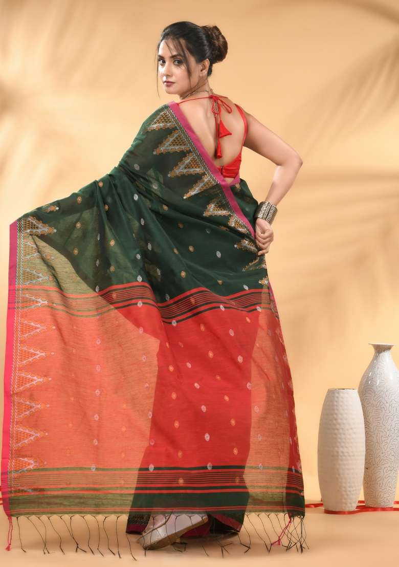 Green Floral Cotton Saree Set with Embroidery for Diwali | Wedding & Festive Wear - Indya