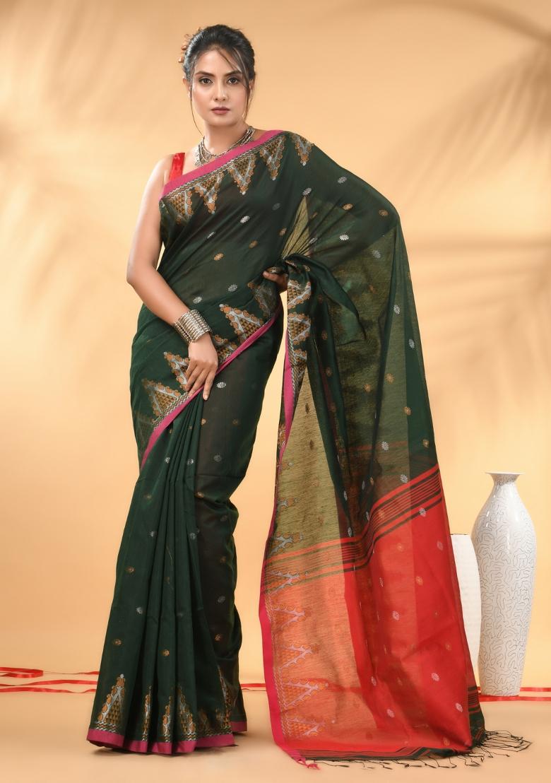 Green Floral Embroidery Cotton Saree Set - Indya