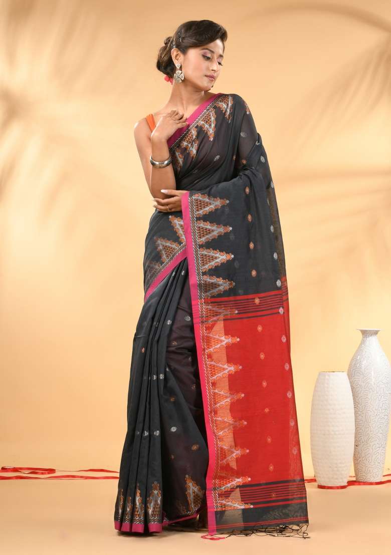 Charcoal Floral Embroidery Cotton Saree Set for Diwali and Festive Wear - Indya