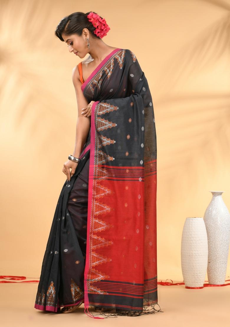 Charcoal Floral Embroidery Cotton Saree Set - Indya