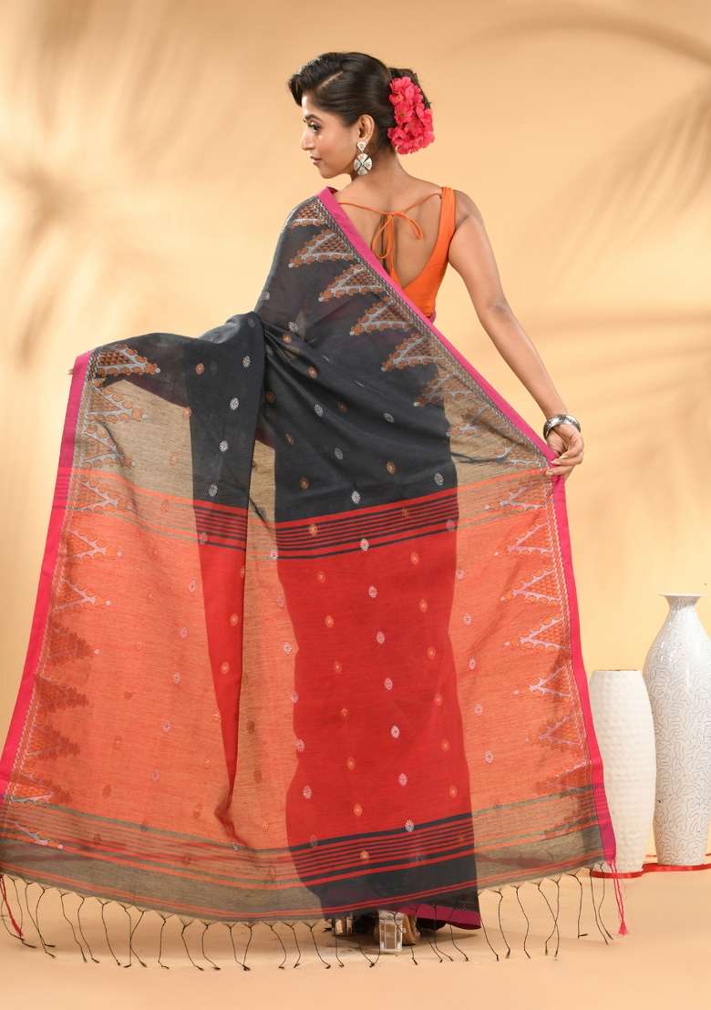 Charcoal Floral Embroidery Cotton Saree Set for Diwali and Festive Wear - Indya