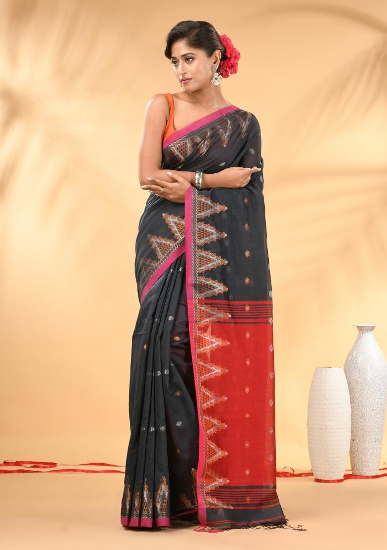 Charcoal Floral Embroidery Cotton Saree Set - Indya