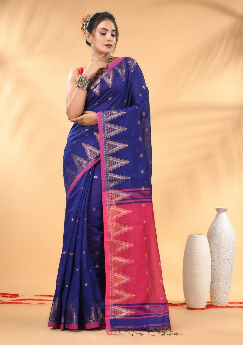 Royal Blue Floral Embroidery Cotton Saree Set for Diwali and Festive Wear - Indya