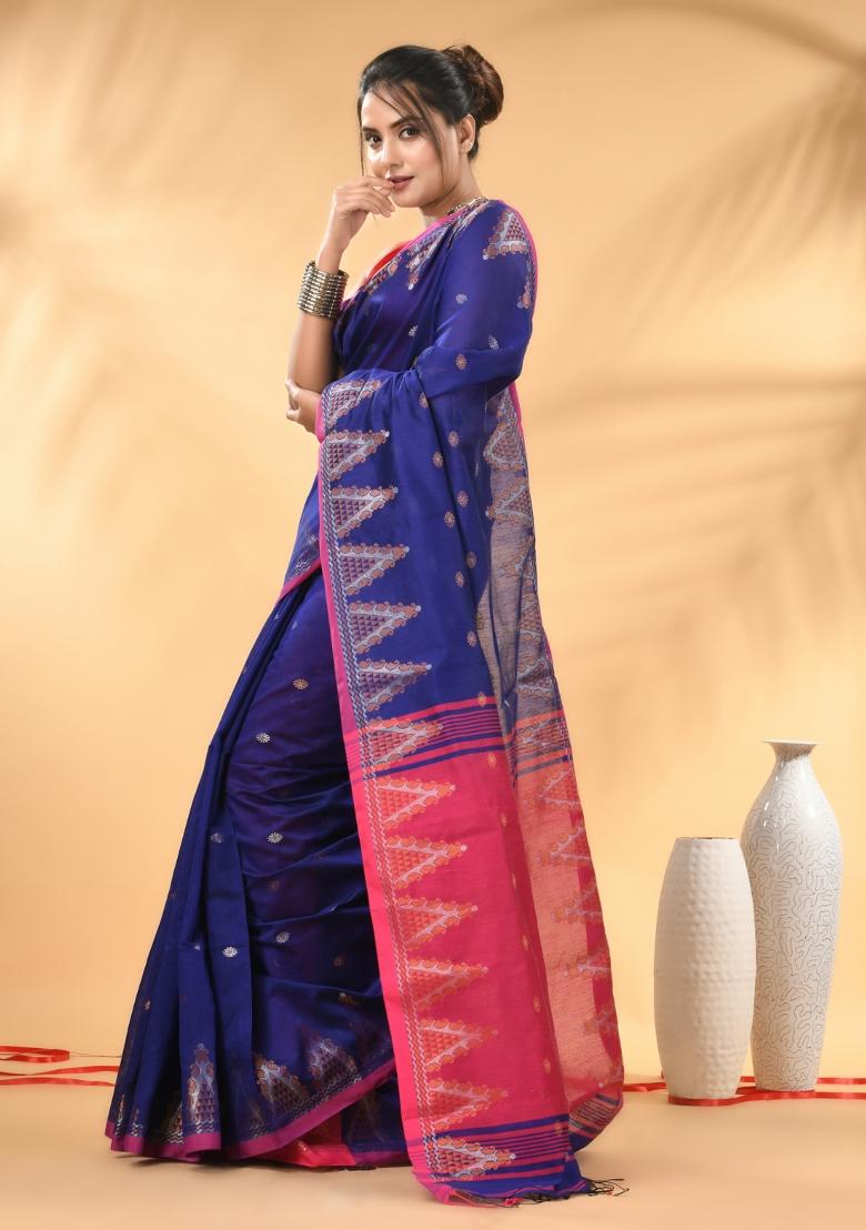 Royal Blue Floral Embroidery Cotton Saree Set - Indya