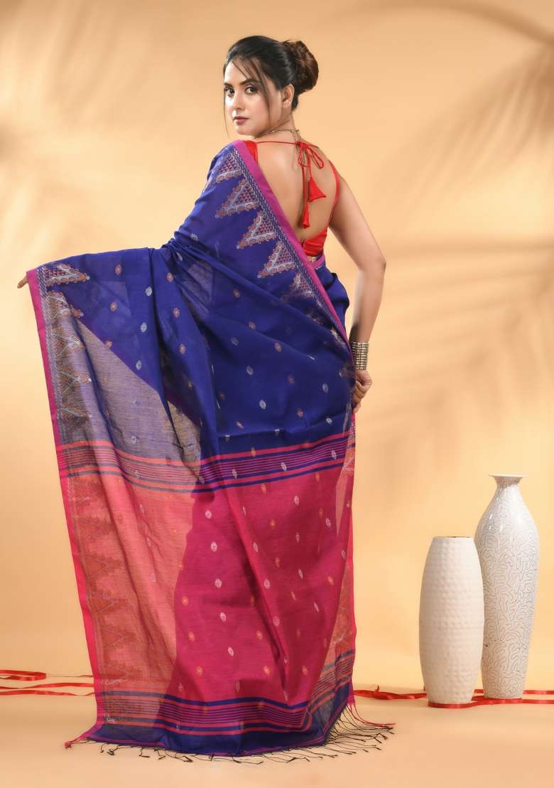 Royal Blue Floral Embroidery Cotton Saree Set for Diwali and Festive Wear - Indya