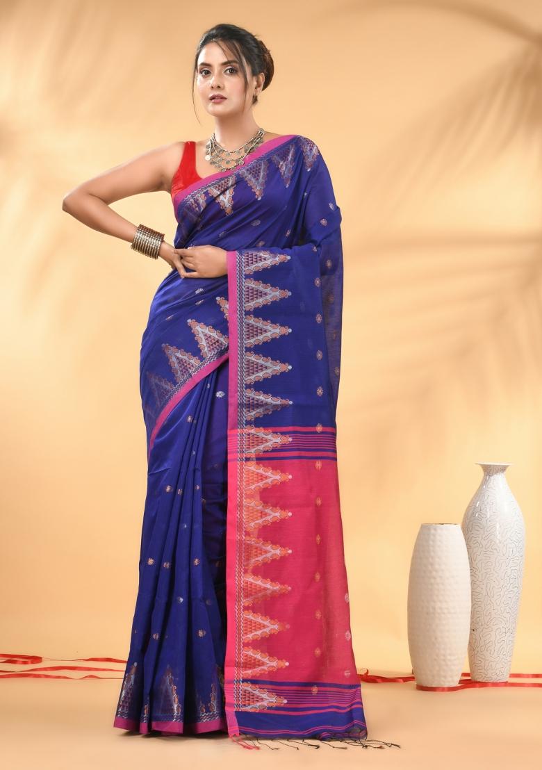 Royal Blue Floral Embroidery Cotton Saree Set - Indya