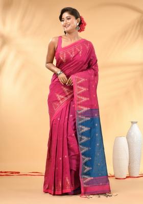 Pink Floral Embroidery Cotton Saree Set