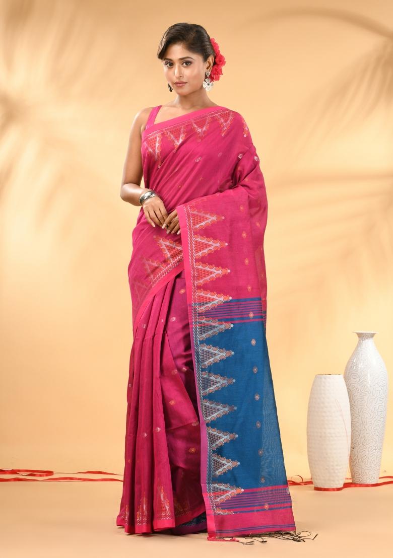 Pink Floral Embroidery Cotton Saree Set - Indya