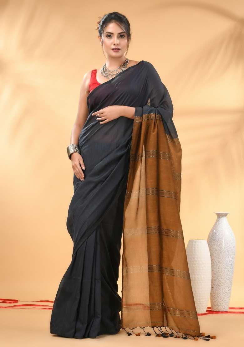 Grey And Mustard Floral Cotton Saree Set with Embroidery for Diwali | Wedding & Festive Wear - Indya