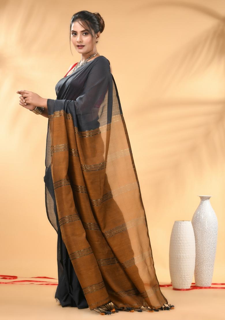 Grey And Mustard Floral Embroidery Cotton Saree Set - Indya