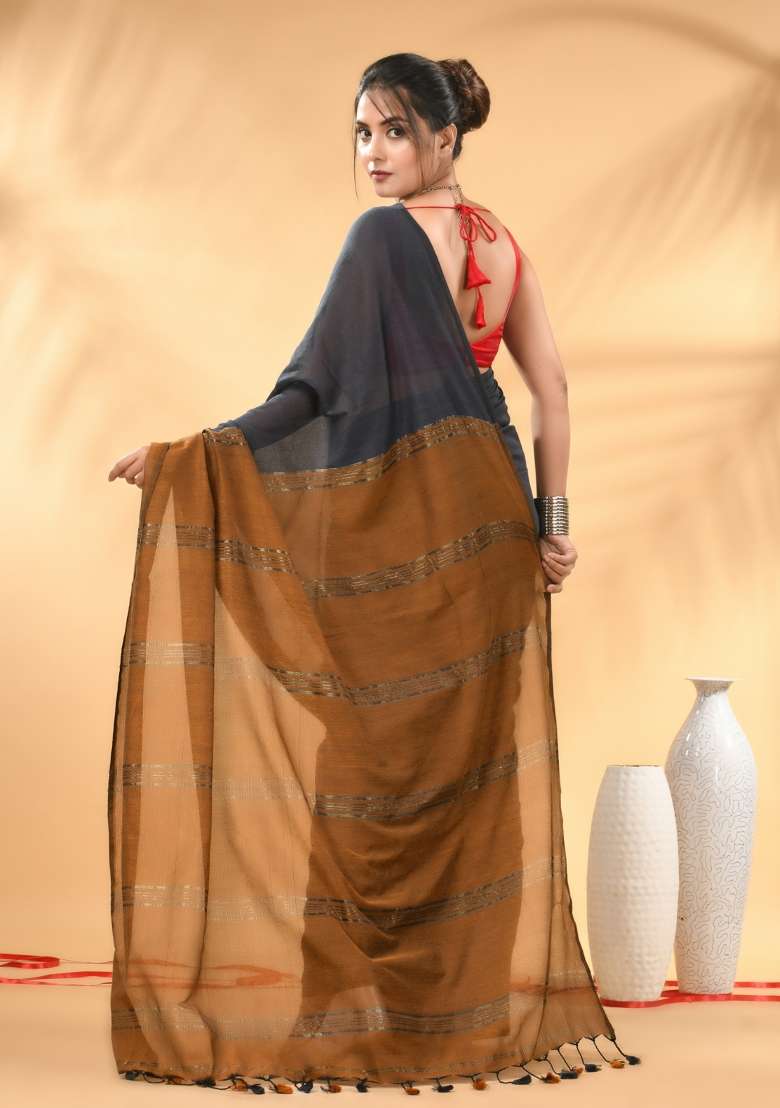 Grey And Mustard Floral Cotton Saree Set with Embroidery for Diwali | Wedding & Festive Wear - Indya