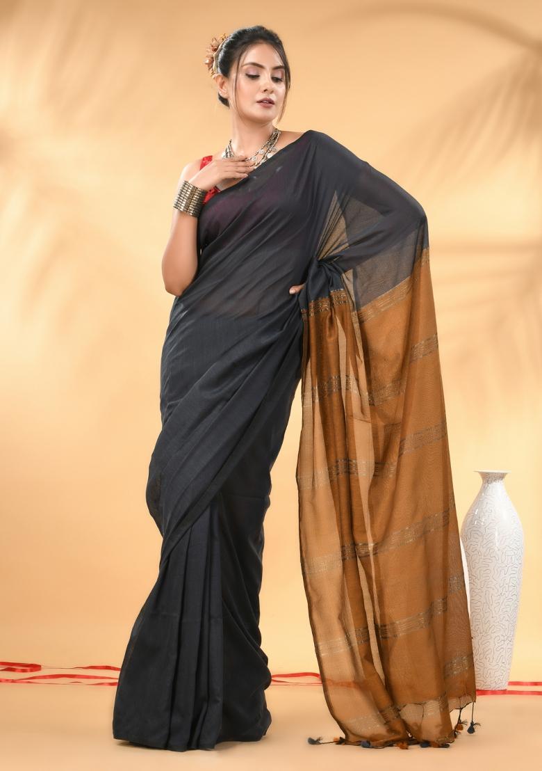 Grey And Mustard Floral Embroidery Cotton Saree Set - Indya