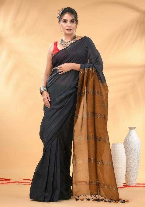 Grey And Mustard Floral Embroidery Cotton Saree Set