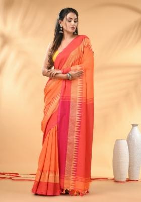 Orange Floral Embroidery Cotton Saree Set