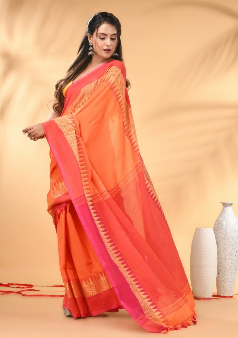 Orange Floral Embroidery Cotton Saree Set - Indya