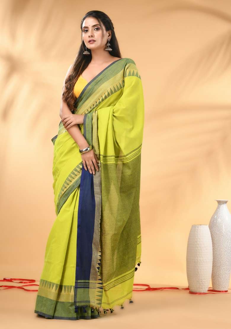 Lime Green Floral Cotton Saree Set with Embroidery for Diwali | Wedding & Festive Wear - Indya