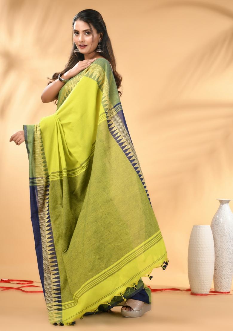 Lime Green Floral Embroidery Cotton Saree Set - Indya