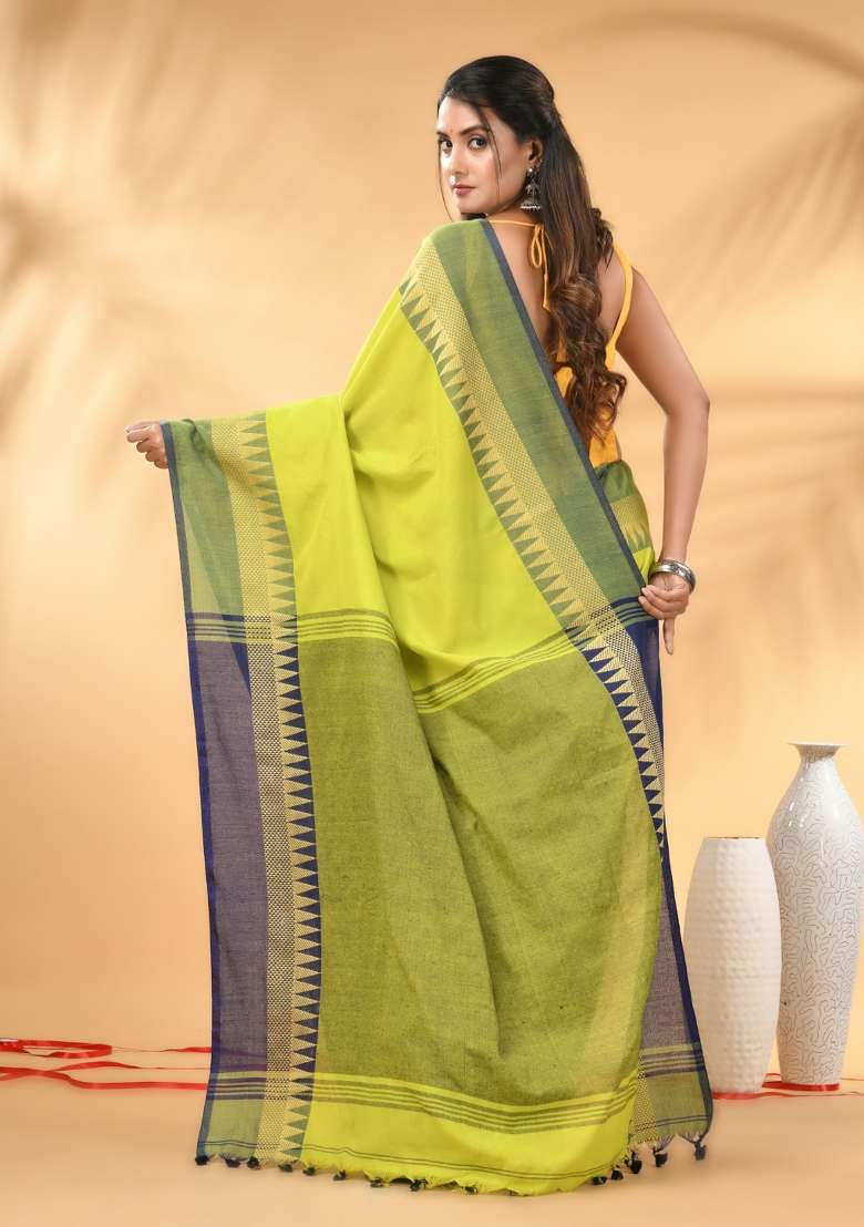 Lime Green Floral Cotton Saree Set with Embroidery for Diwali | Wedding & Festive Wear - Indya