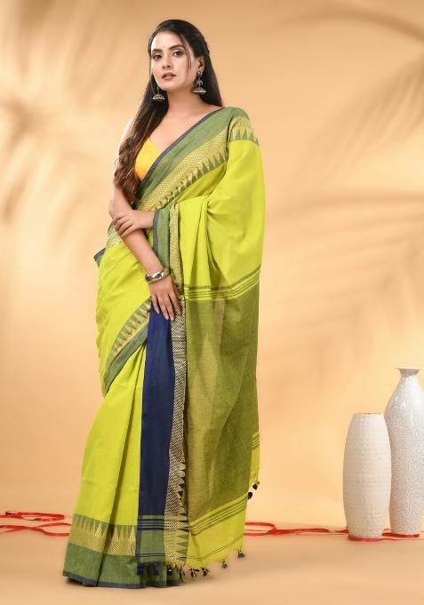 Lime Green Floral Embroidery Cotton Saree Set