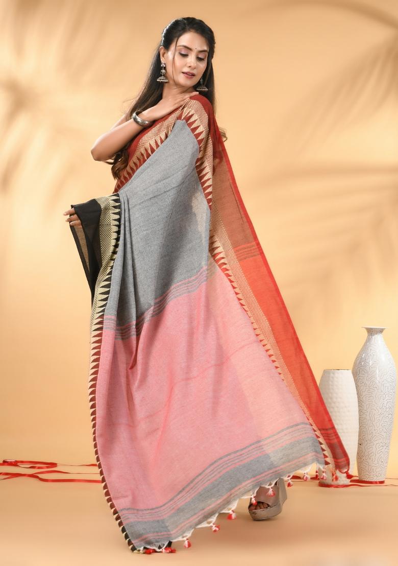 Grey Floral Embroidery Cotton Saree Set - Indya
