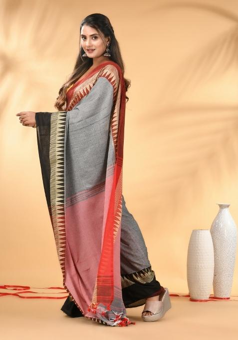 Grey Floral Embroidery Cotton Saree Set