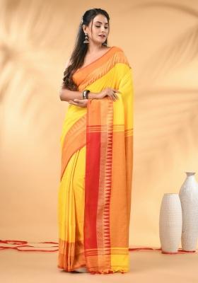 Yellow Floral Embroidery Cotton Saree Set