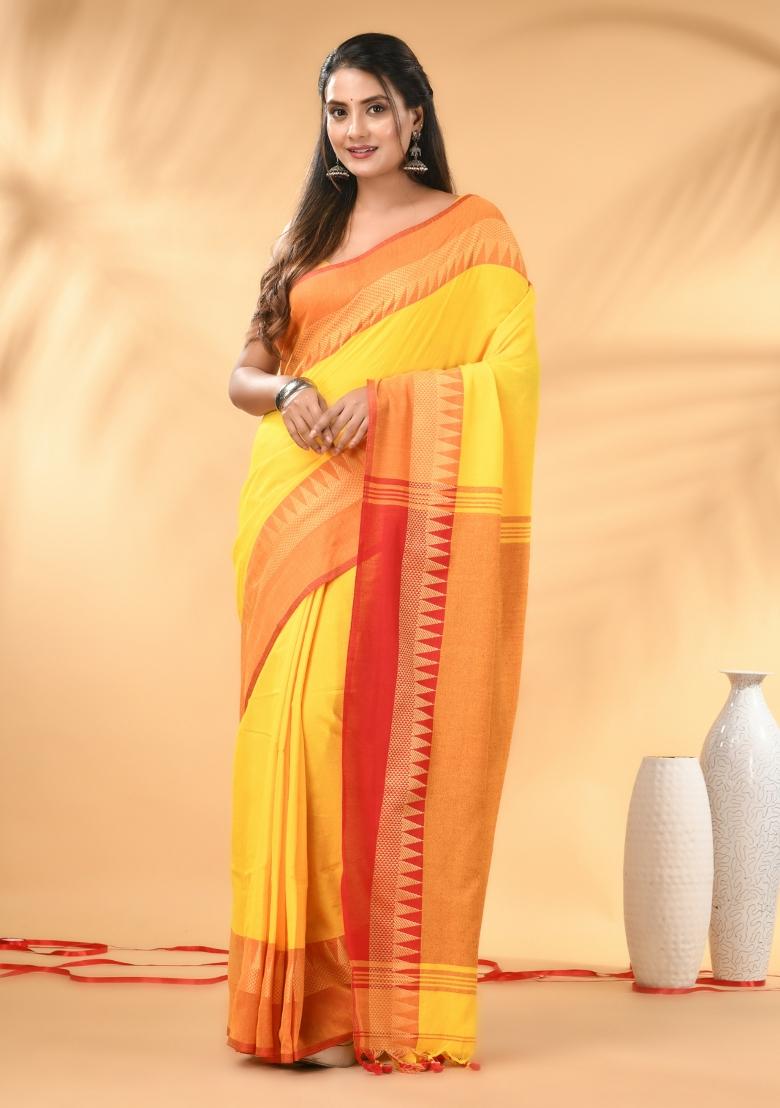 Yellow Floral Embroidery Cotton Saree Set - Indya