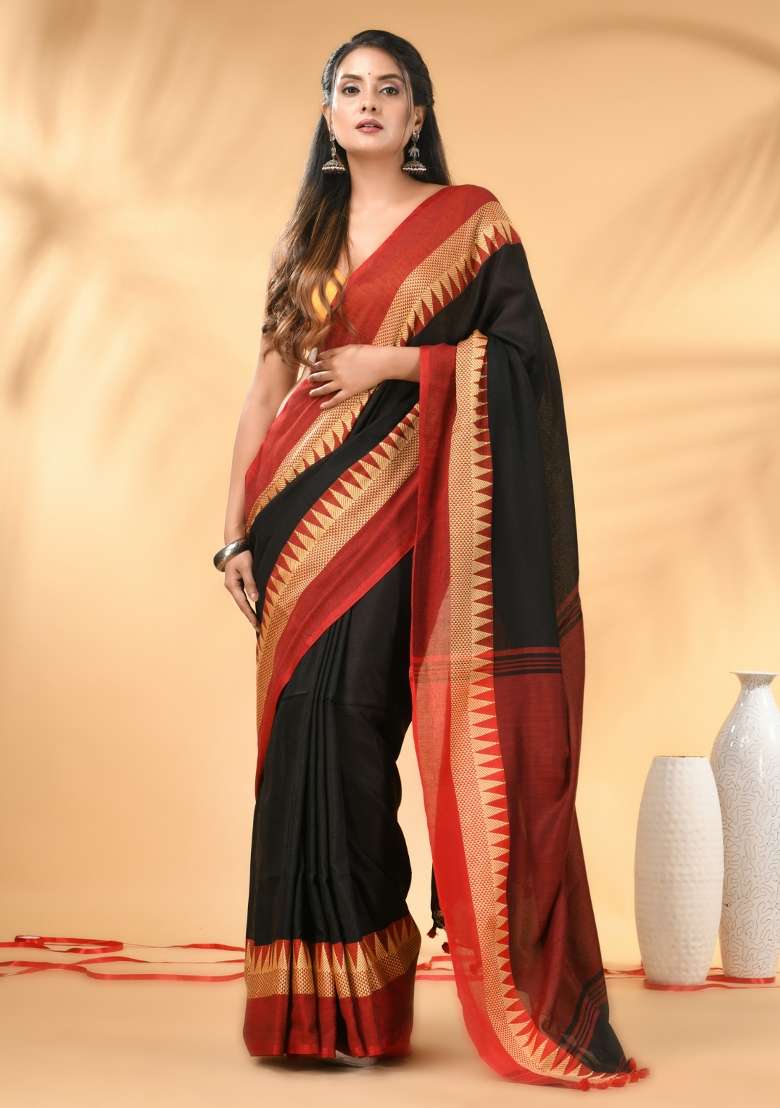 Black Floral Embroidery Cotton Saree Set - Indya