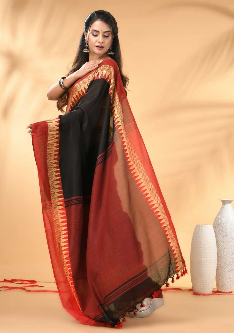 Black Floral Embroidery Cotton Saree Set - Indya
