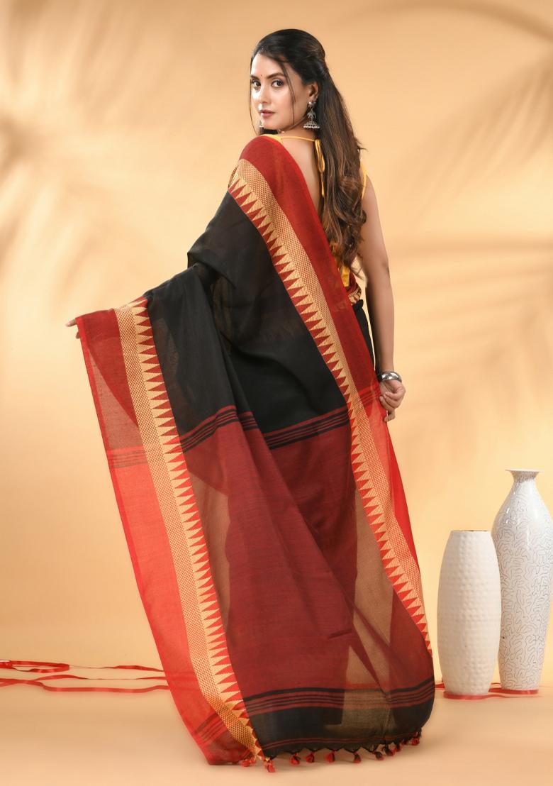 Black Floral Embroidery Cotton Saree Set - Indya