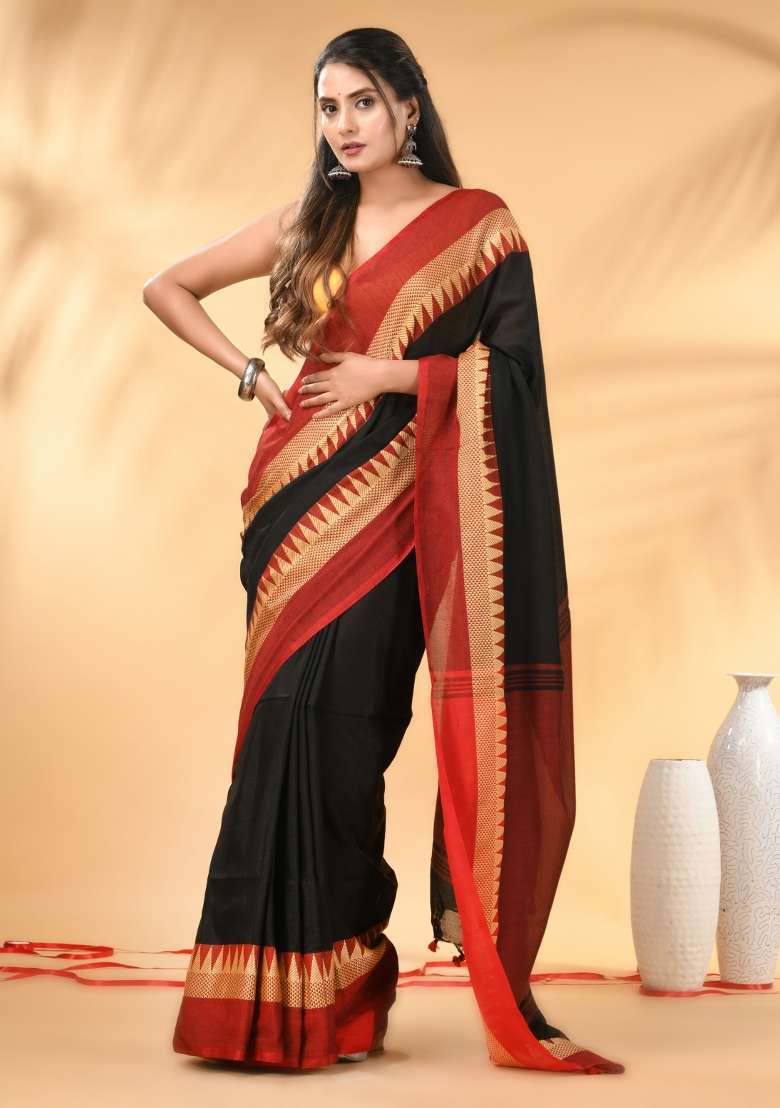 Black Floral Embroidery Cotton Saree Set - Indya
