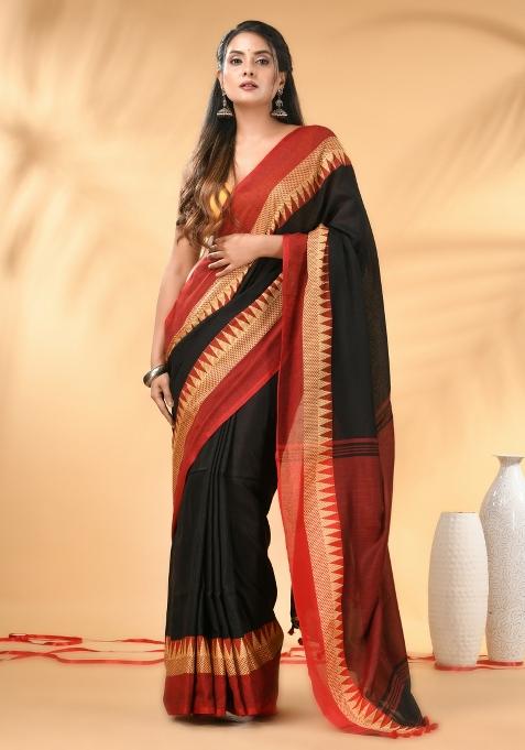 Black Floral Embroidery Cotton Saree Set