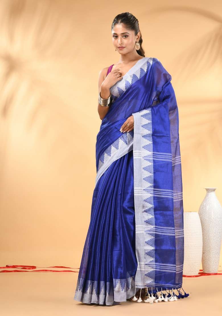 Blue Floral Embroidery Tissue Saree Set for Diwali and Festive Wear - Indya