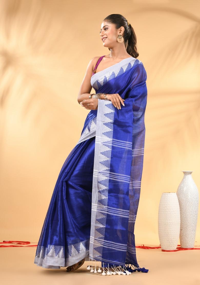 Blue Floral Embroidery Tissue Saree Set - Indya