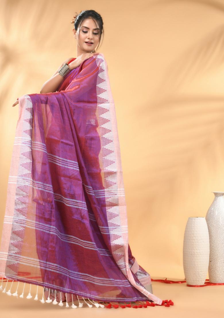 Magenta Floral Embroidery Tissue Saree Set - Indya