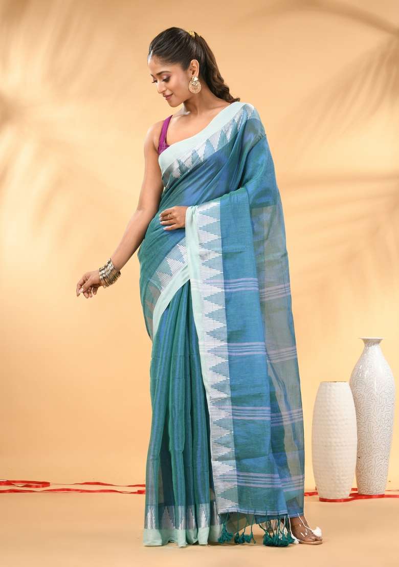 Sea Green Floral Tissue Saree Set with Embroidery for Diwali | Wedding & Festive Wear - Indya