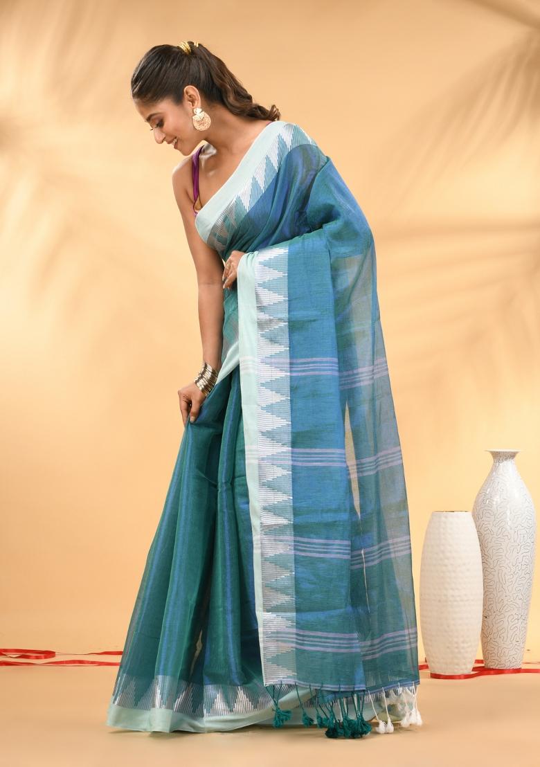 Sea Green Floral Embroidery Tissue Saree Set - Indya
