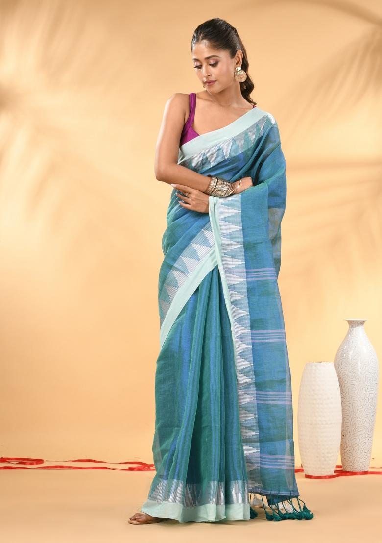 Sea Green Floral Embroidery Tissue Saree Set - Indya