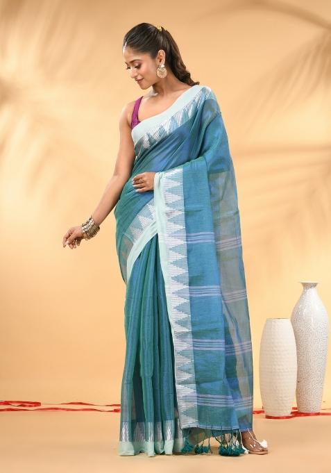 Sea Green Floral Embroidery Tissue Saree Set
