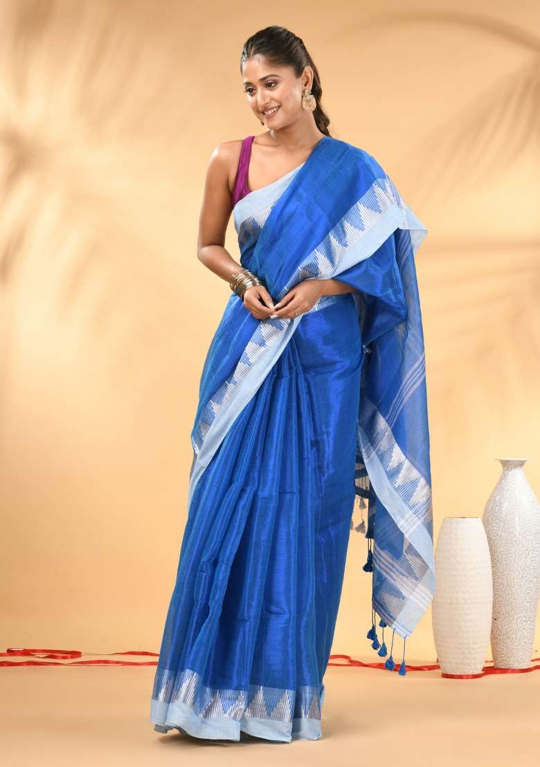 Sapphire Blue Floral Embroidery Tissue Saree Set for Diwali and Festive Wear - Indya