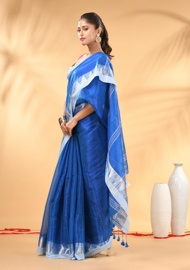 Sapphire Blue Floral Embroidery Tissue Saree Set - Indya