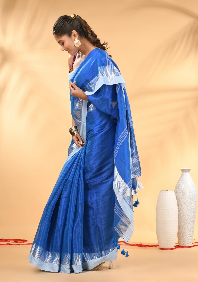 Sapphire Blue Floral Embroidery Tissue Saree Set - Indya