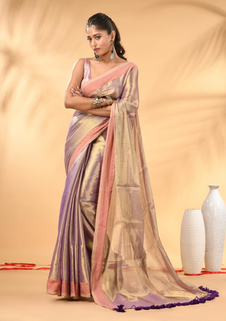 Lavender Floral Embroidery Tissue Saree Set - Indya