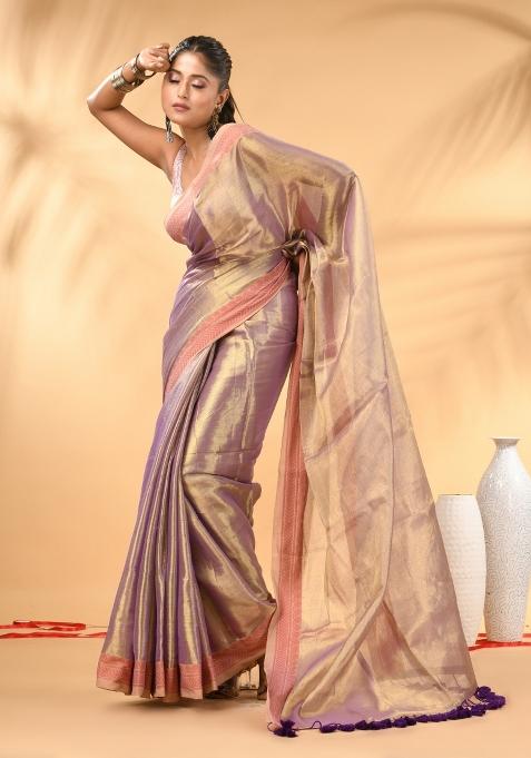 Lavender Floral Embroidery Tissue Saree Set