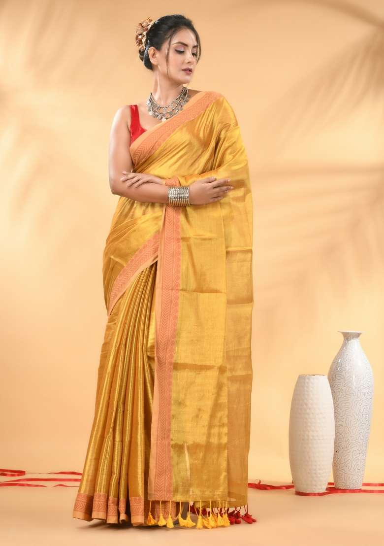 Yellow Floral Embroidery Tissue Saree Set for Diwali and Festive Wear - Indya