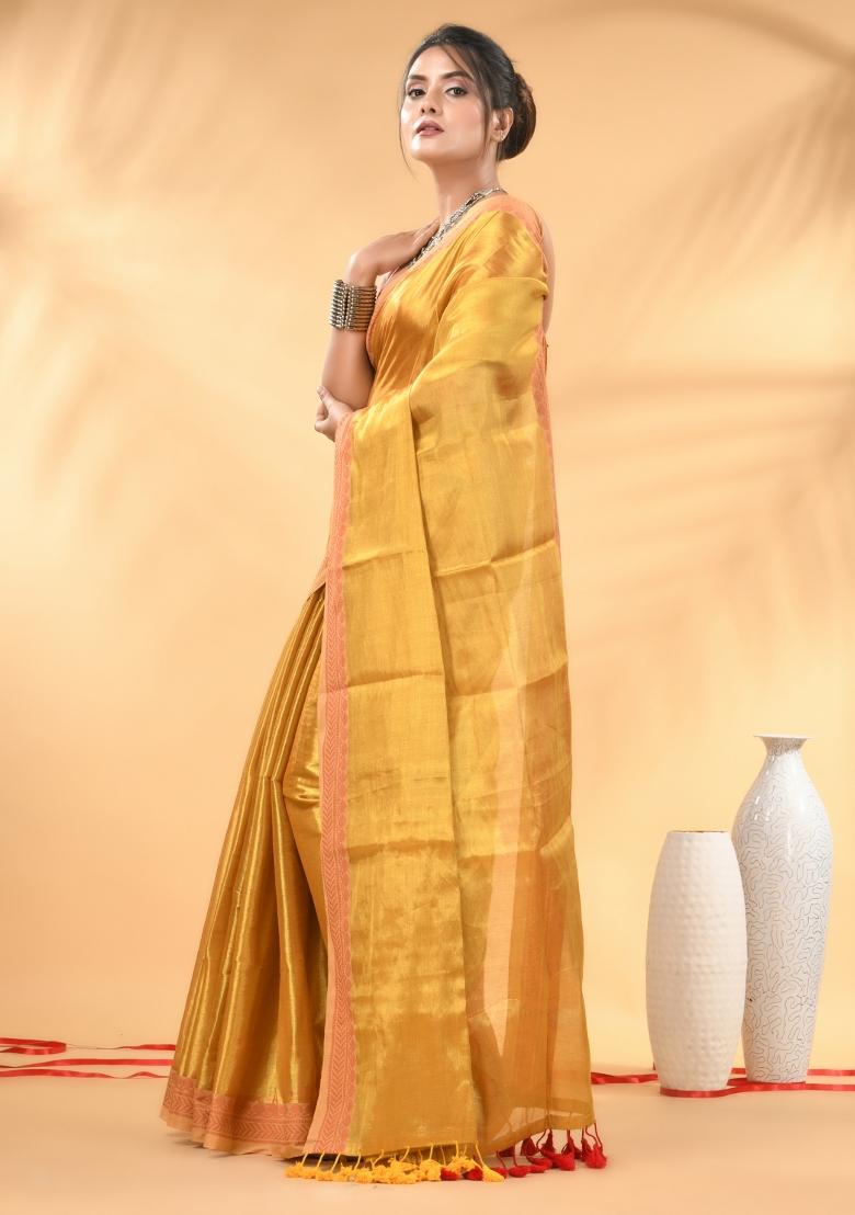 Yellow Floral Embroidery Tissue Saree Set - Indya