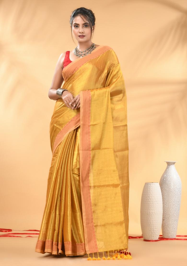 Yellow Floral Embroidery Tissue Saree Set - Indya